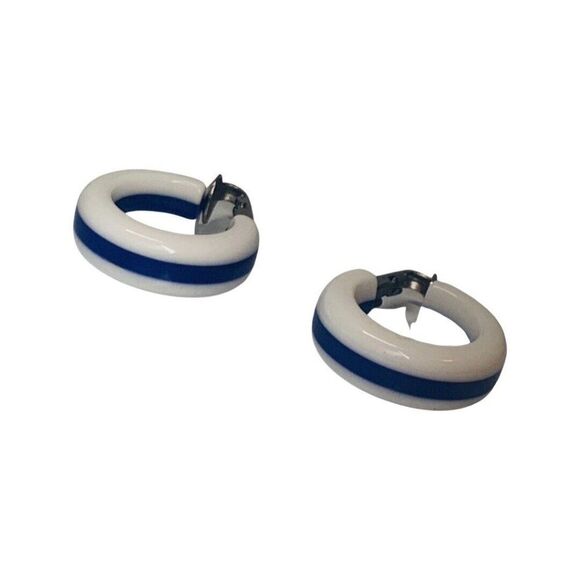 Nautical Blue & White Striped Acrylic Silver Tone Vintage Clip On Hoop Earrings - Picture 5 of 7